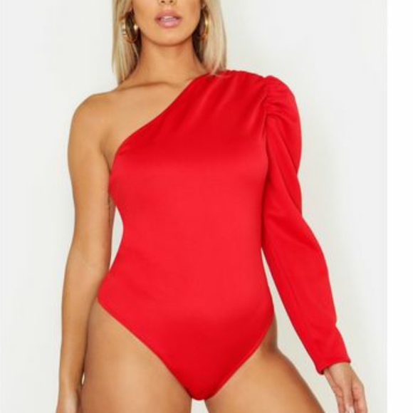Boohoo Plus Tops - Plus Scuba Red One Shoulder Body Suit